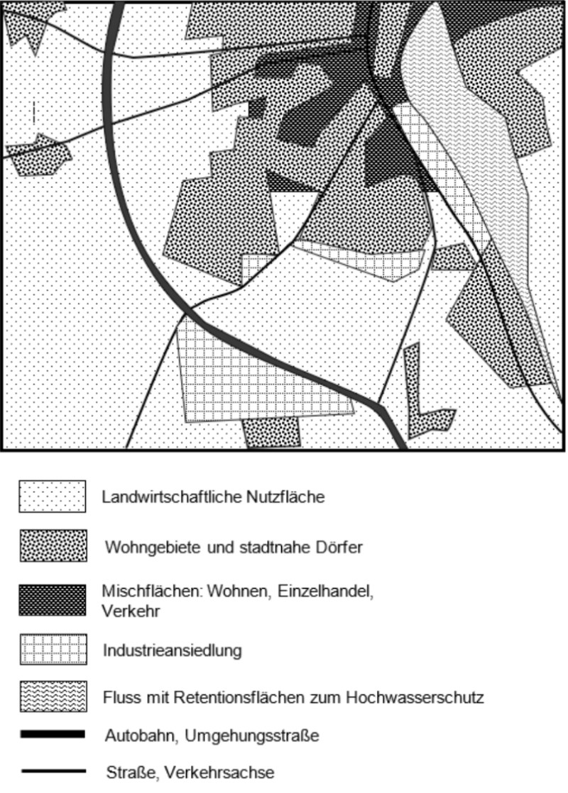 Schwarz-weiß Flächennutzungsplan mit Legende: Landwirtschaft, Wohngebiete, Industrie, Fluss und Straßen